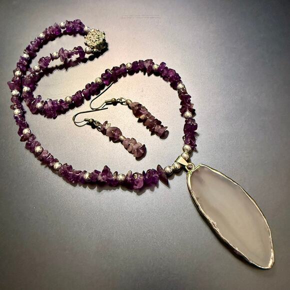 Handcrafted Jewelry - Amethyst Silver Beaded Mineral Slice Pendant Earrings Set